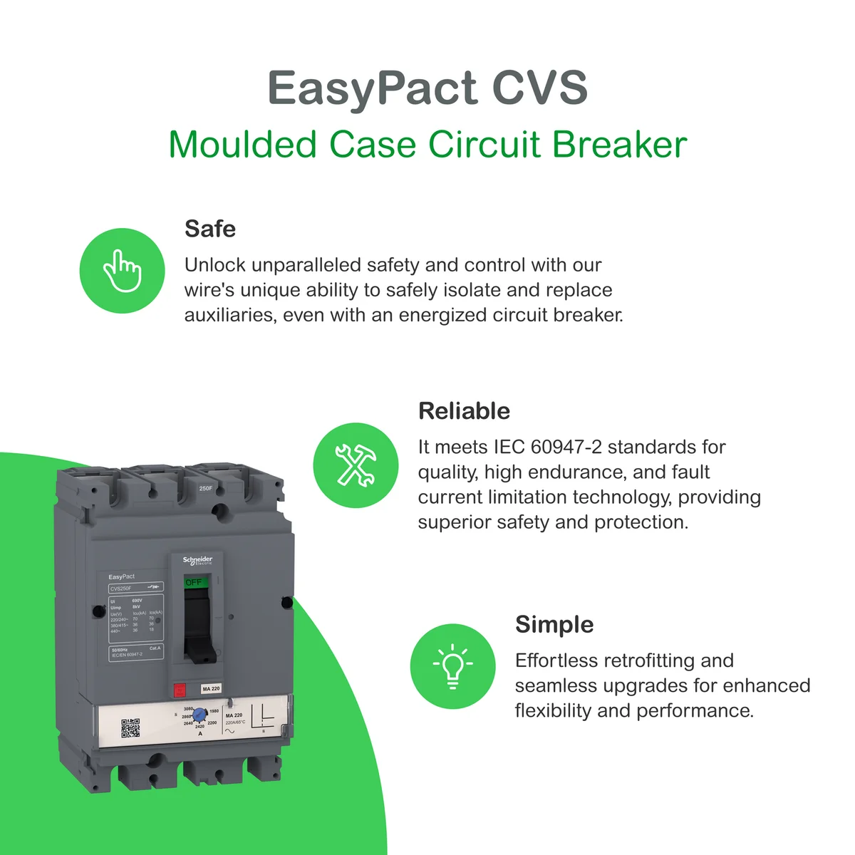 circuit breaker EasyPact CVS100BS, 25 kA at 415 VAC, 32 A rating thermal magnetic TM-D trip unit, 3P 3d 5