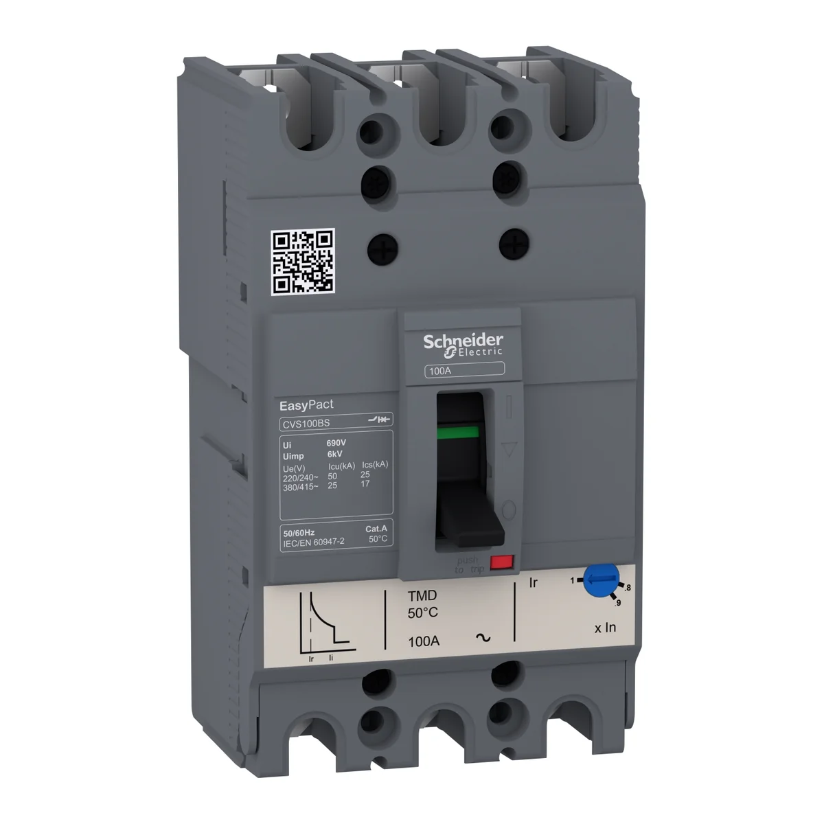 circuit breaker EasyPact CVS100BS, 25 kA at 415 VAC, 32 A rating thermal magnetic TM-D trip unit, 3P 3d