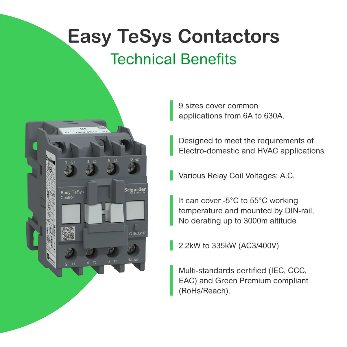 Easy TeSys contactor 3P(3 NO) - AC-3 - <= 440 V 18A - 220 V AC coil 3