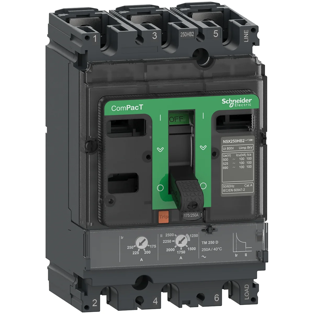 Circuit breaker ComPacT NSX250H, 70kA at 415VAC, TMD trip unit 250A, 3 poles 3d