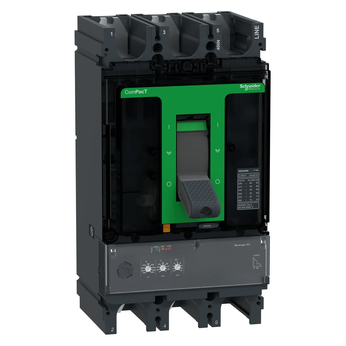 Circuit breaker ComPacT NSX400N, 50kA at 415VAC, MicroLogic 2.3 trip unit 400A, 3 poles 3d