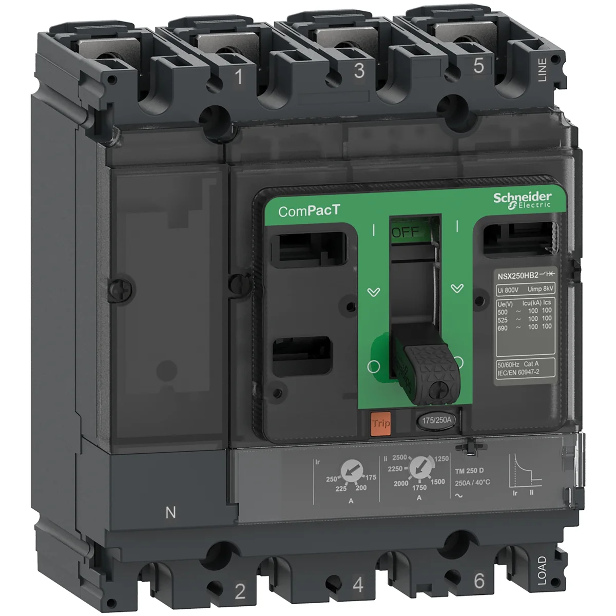Circuit breaker ComPacT NSX100N, 50kA at 415VAC, TMD trip unit 63A, 4 poles 3d