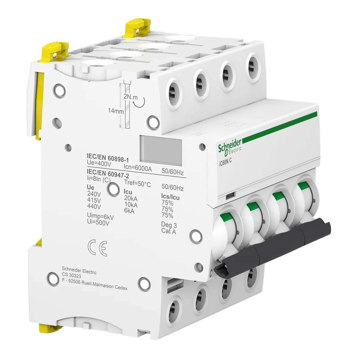 iC60N - miniature circuit breaker - 4P - 20A - C curve 2