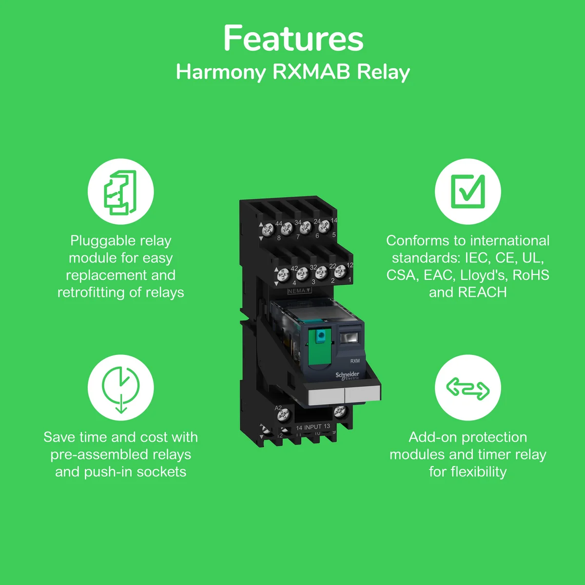 Miniature Plug-in relay - Harmony RXM 2 C/O 48 V AC 12 A with LED 2