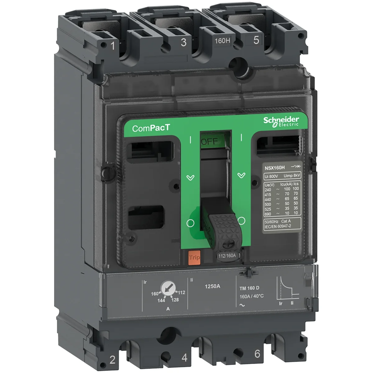 Circuit breaker ComPacT NSX100N, 50kA at 415VAC, TMD trip unit 80A, 3 poles 3d