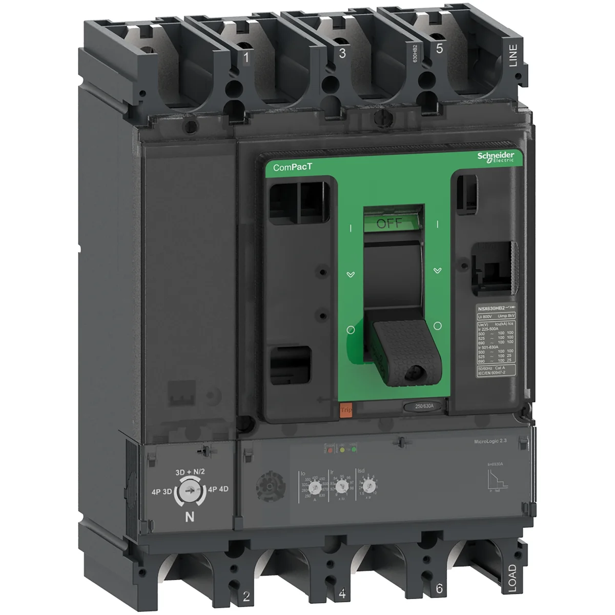 Circuit breaker ComPacT NSX400F, 36kA at 415VAC, MicroLogic 2.3 trip unit 400A, 4 poles 4d